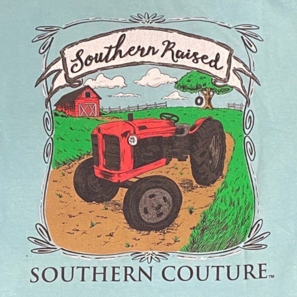 Southern Couture Tshirt Red Barn Tractor M Teal Blue Vintage Wash Comfort Colors